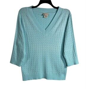 Faded Glory Women’s Cable Knit Sweater Size 22W/24W Aqua Blue V-Neck 3/4 Sleeve